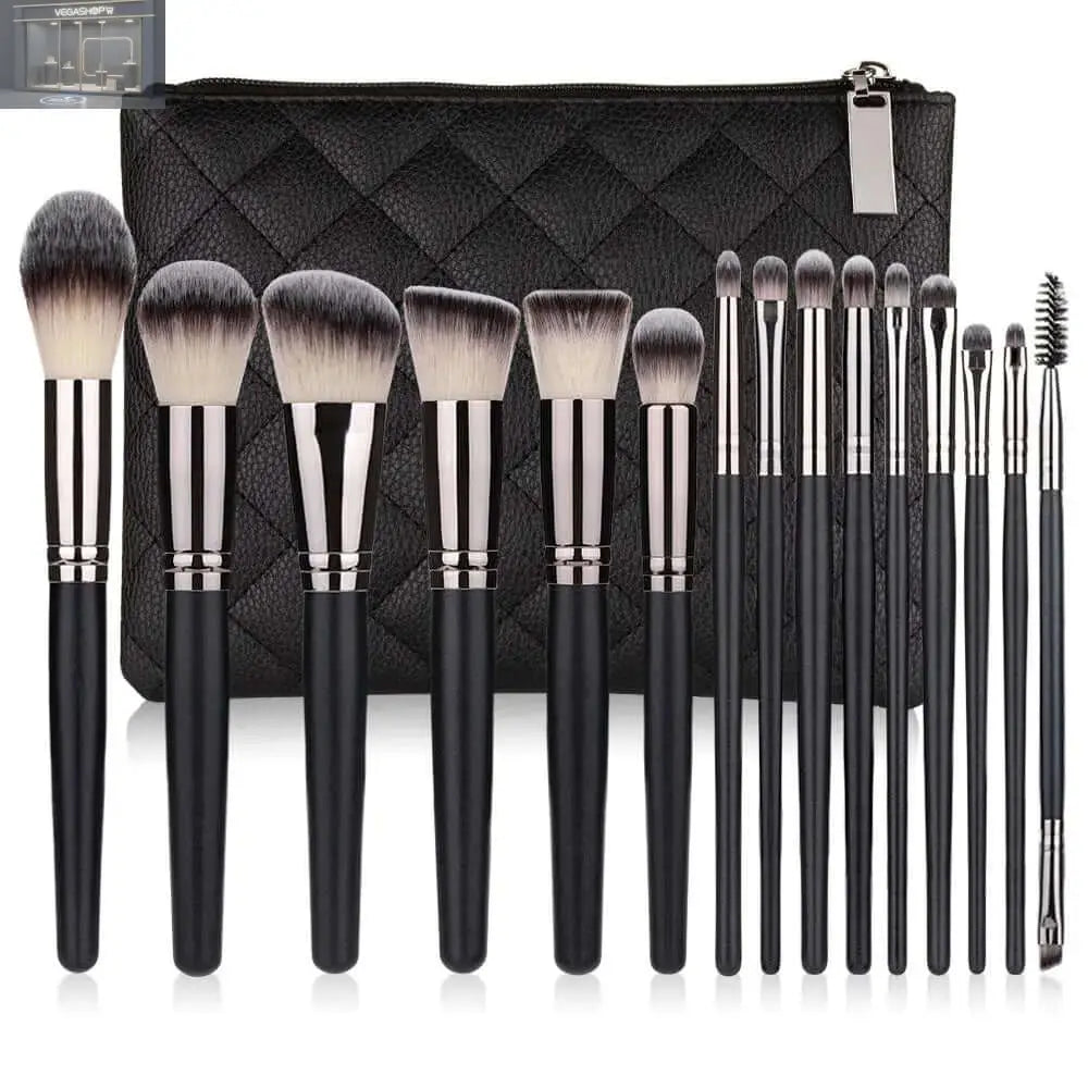 15 Makeup Brushes Set Full Set Matte Black Makeup ToolsProduct information: Name: 15 Black Brush Set Size: 23/19/4cm Material: Nylon wool + wooden handle + PU Weight: 273g with bag/197g without bag Packing list: Cosmetic Brush* 15 Cosmetic bag * 1 Product